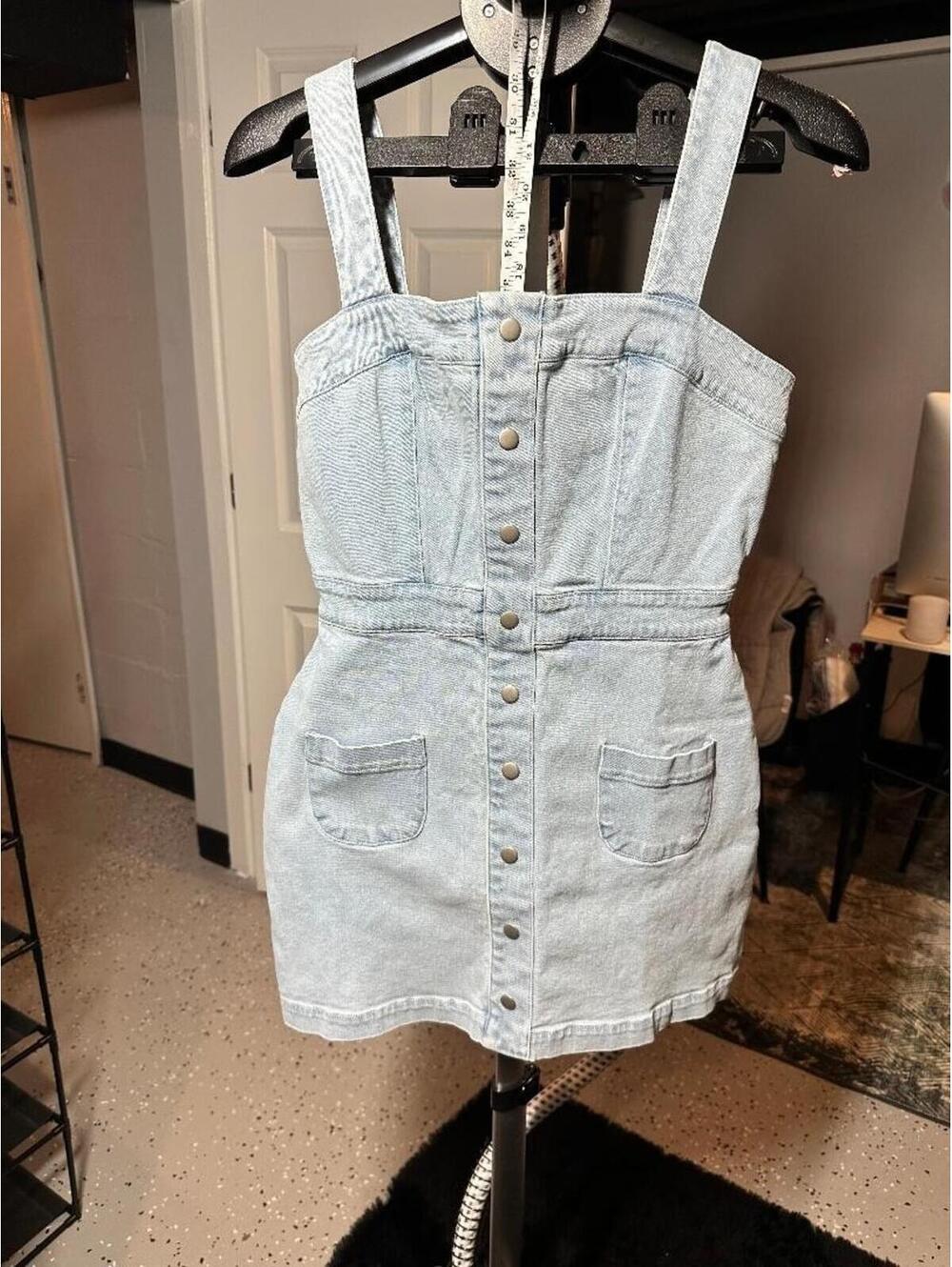 Amanda Uprichard Denim Mini Dress Light Wash Snap Front Sleeveless Size M NWT - Picture 3 of 6